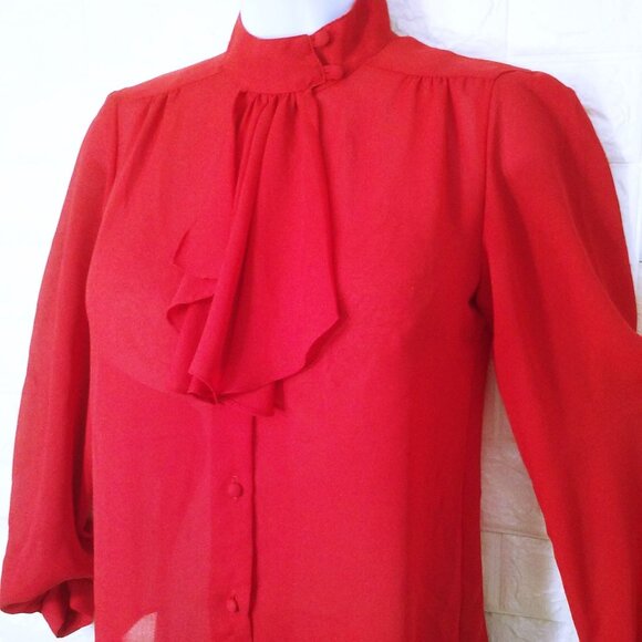 Vintage 80s Mariel High-Neck Cravat Blouse Top (6) Semi-Sheer Polyester Crepe - Picture 4 of 12
